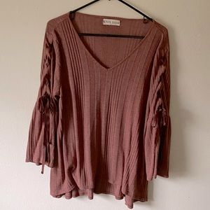 Knox Rose Women’s Mauve Rib Knit Sweater Ribbon Trumpet Sleeves